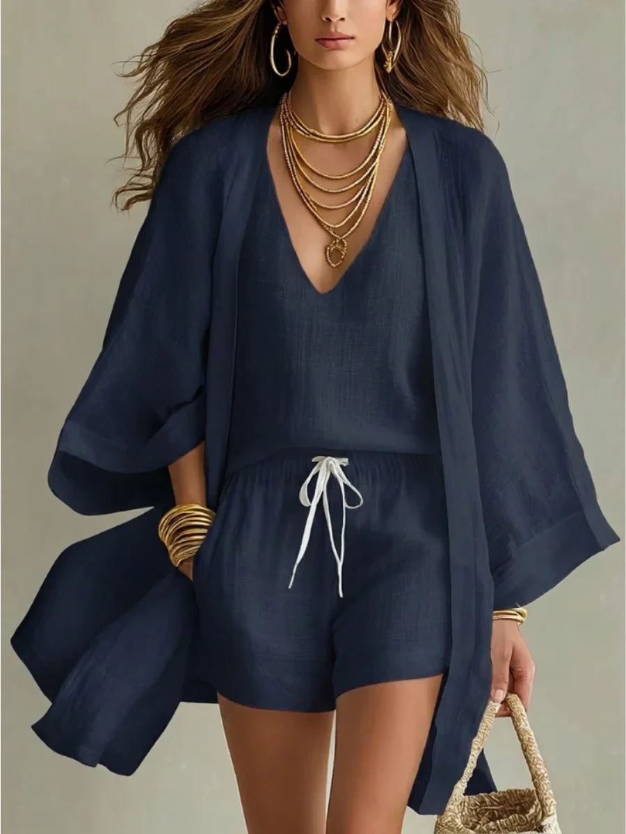 Conjunto de tres piezas: cárdigan holgado y shorts con cordón