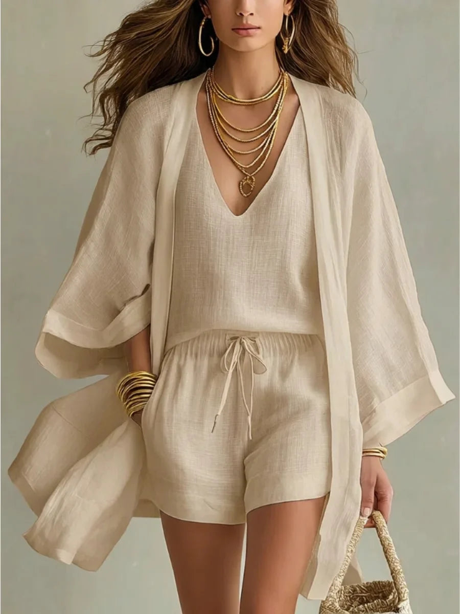 Conjunto de tres piezas: cárdigan holgado y shorts con cordón